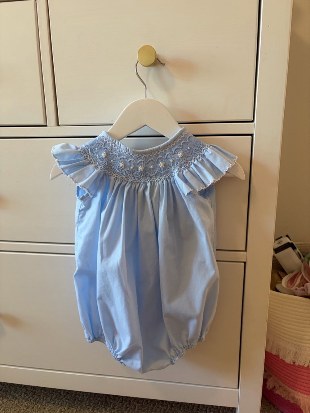 Petit Bebe Smocked Bubble Romper 12M Blue Embroidered Heirloom